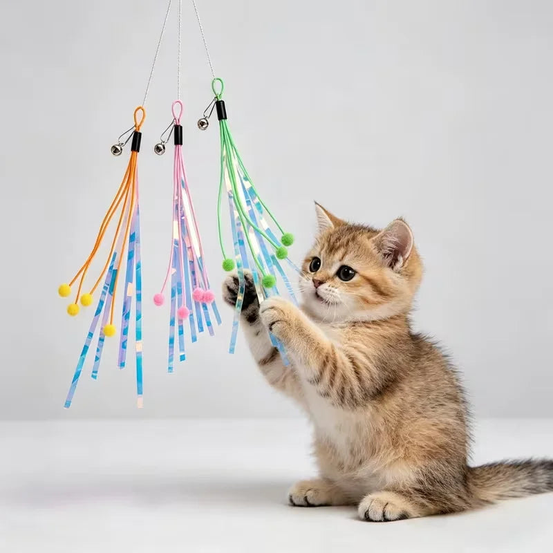 2 sets of colorful cat toys with stuffing, featuring bells, soft plush balls and crepe paper, interactive cat toys